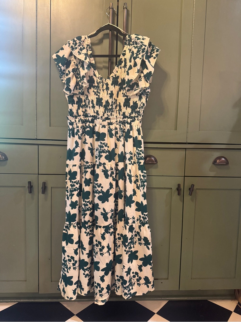 Umgee Cream Midi Dress with Dark Green Floral Print